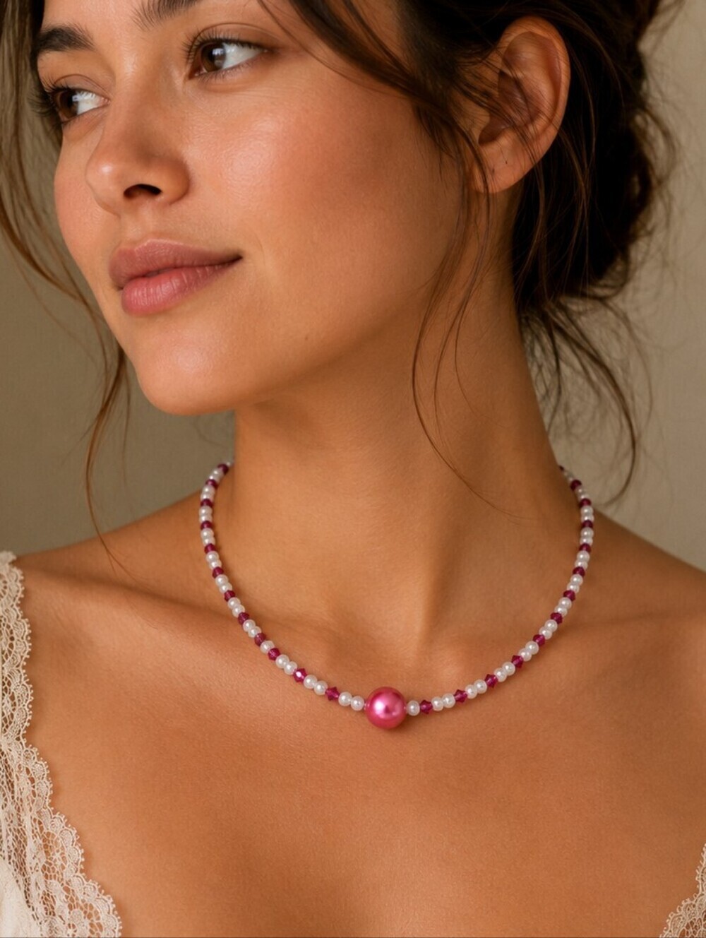 HANDMADE Candy Hot Pink Swarovski Crystal Glass Pearl Beaded Princess Necklace